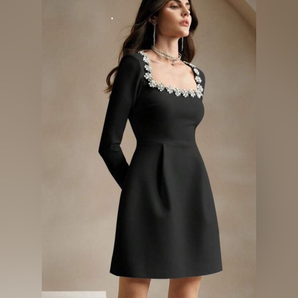 Viral embellished elegant square neck black dress - Picture 2 of 15